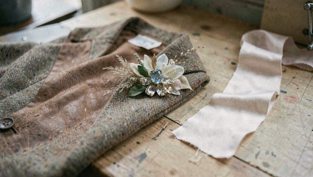 Corsage op een dikke wollen revers naast een stuk zacht leer en een lap fijne zijde op een werkblad