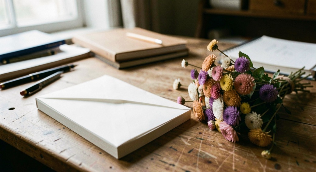 Envelop en notitieblok liggen naast een kleine bos gedroogde bloemen op een rustige werktafel