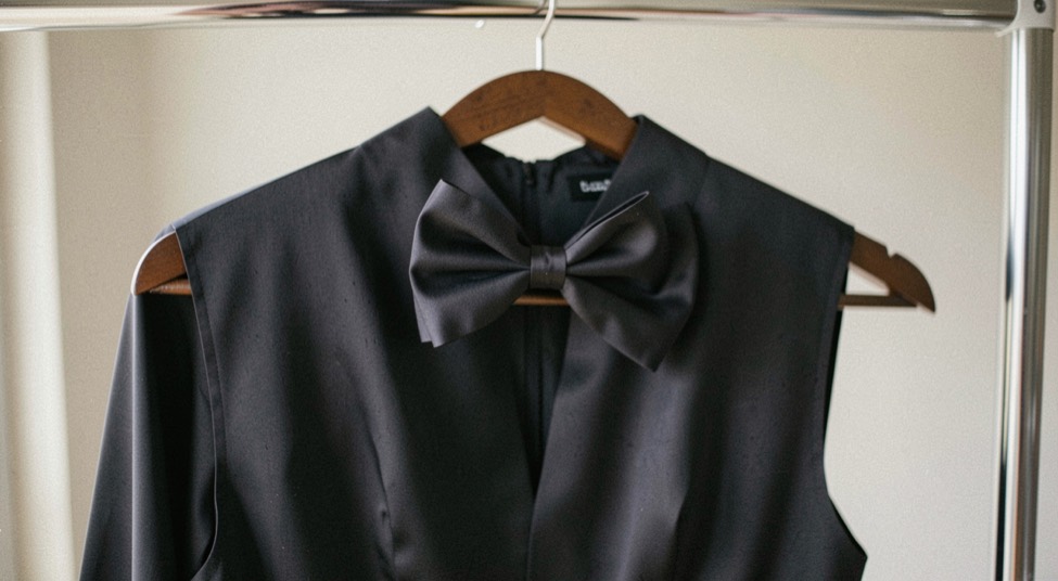 Corsage ligt op een donkere zijden jurk die over een kledingrek hangt, met de sluiting duidelijk zichtbaar