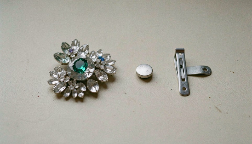 Corsagespeld, kleine magneet en een metalen clip liggen op een rij naast elkaar op een neutrale ondergrond