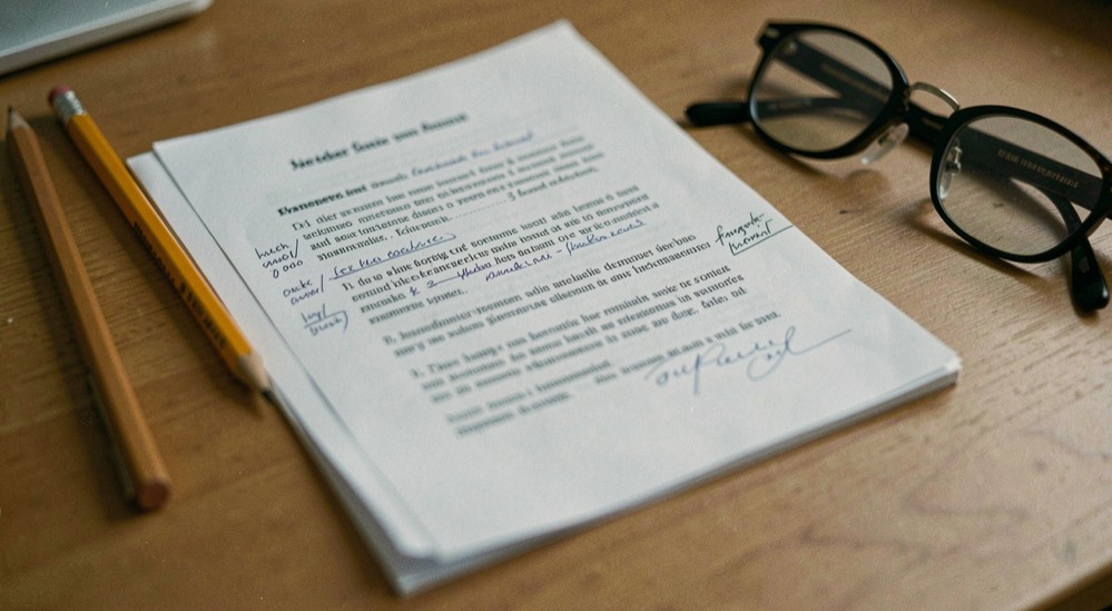 Uitgeprinte pagina met aantekeningen in de kantlijn ligt op een bureau naast een potlood en een leesbril