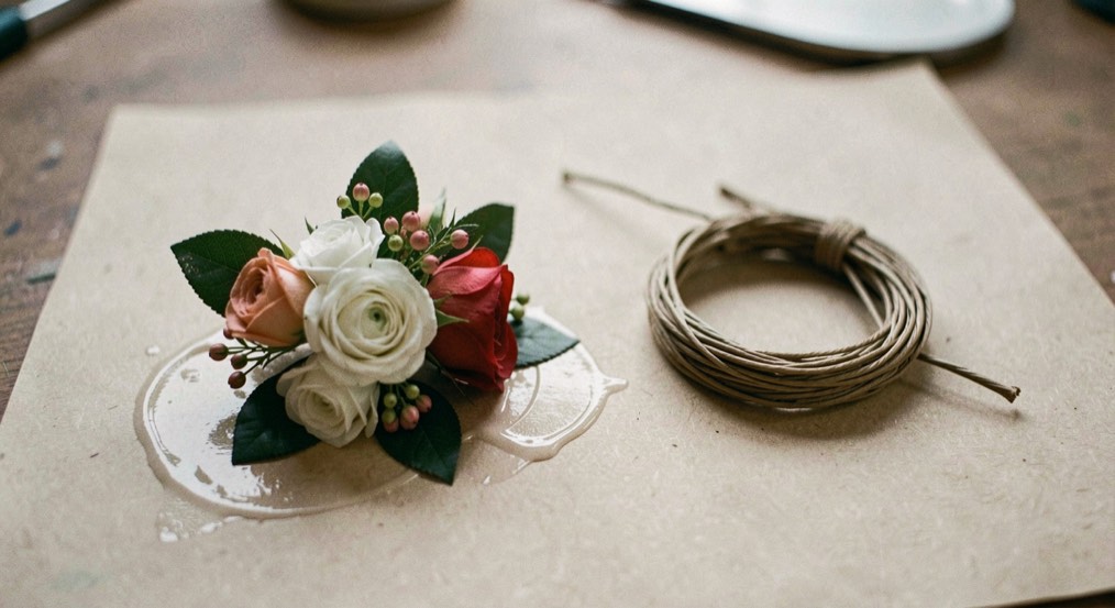Twee half afgewerkte corsages naast elkaar, de ene op een bladbodem gelijmd, de andere rond een bindpunt gewikkeld