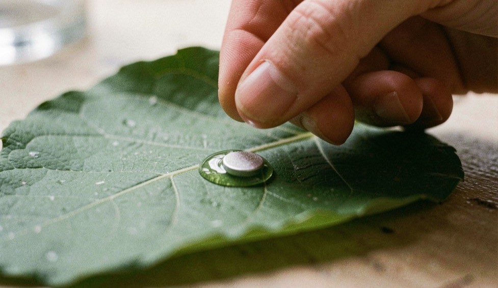 Hand brengt een druppel bloemenlijm aan op een stevig blad waarin een klein rond magneetje wordt gelegd